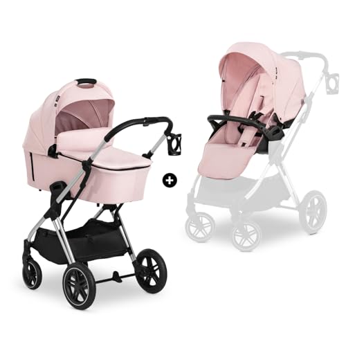 Image of Hauck Pushchair Travel System with Carrycot, Reversible Seat, Rose | Lightweight 10.2 kg aluminium frame, lie-flat recline, UV canopy, from birth up to 22 kg, panorama windows