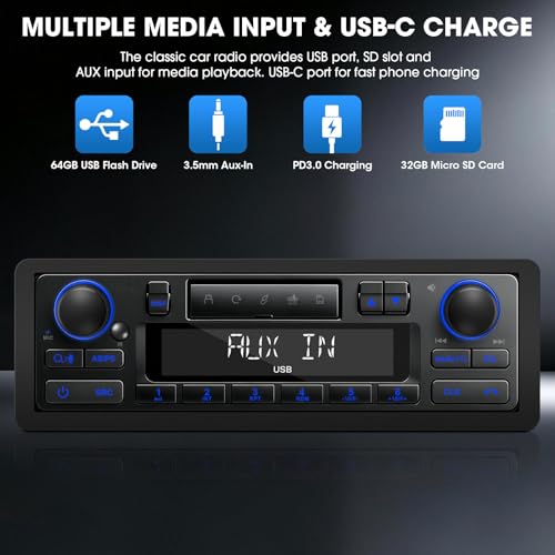 Retro Bluetooth Car Radio System: Single Din European Look Stereo for Classic Vehicles - LCD Display AM FM USB SD AUX USB-C Fast Charge 4-CHN Outputs by DOVOX - Image 3