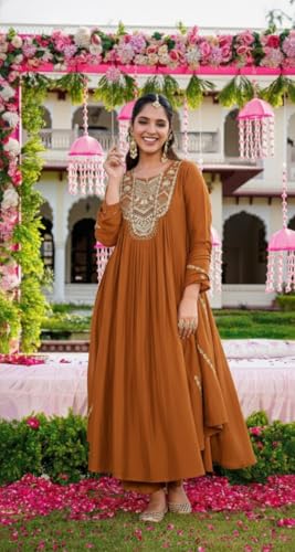 Image of Nermosa Women Embroidery Solid Anarkali Kurta and Pant Set with Dupatta
