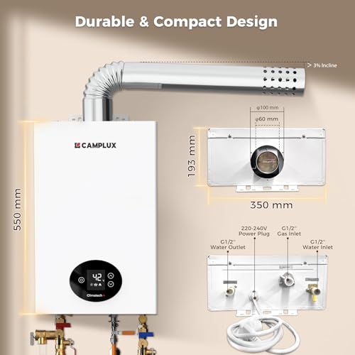 CAMPLUX Climitech 4 Gasdurchlauferhitzer Erdgas 12 L/Min, Indoor Gasdusche für Küche/Bad, 20 mbar, LPG, GX318NG