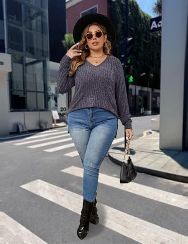 Image of MONNURO Women's Oversized Sweater V Neck Tunic Sweater with Split Hem Long Sleeve Ribbed Pullover Sweater(Heather Black,2X)