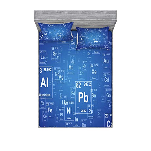 Ambesonne Science Fitted Sheet & Pillow Sham Set, Chemistry Tv Show Inspired Image Periodic Element Table Print Art, Decorative Printed 3 Piece Bedding Decor Set, Full, Azure Blue
