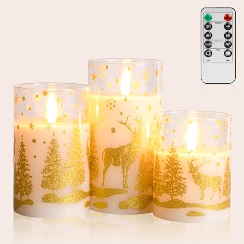 ANGELLOONG Gold Christmas Glass Flameless Candles Battery Operated, LED Flickering Pillar Candle with Timer, Xmas Remote Electric Candles for Home Holiday Decor, Deer