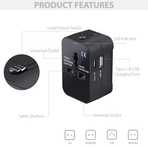 Image of GIGAWATTS Universal Travel Adapter with USB-A Type-C PD Fast Charging Port All in One Multipurpose Multitype Worldwide Power Socket AC /DC 6A /5V Ports Portable for International Travelling (1Pc, Black)