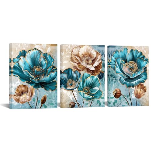 sechars Teal and Brown Wall Decor Turquoise Flower Canvas Art