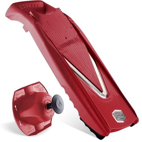 Miniatura 7 de Börner Cortador De Verduras V5 Set Básico Mandolina En V Para Cortar Rodajas En 4 Grosores Cortadora De Acero Inoxidable Mandolina Ajustable Para Frutas Y Verduras Color: Rojo