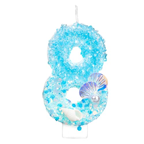 Bougie Anniversaire Numéro, Bleu et Blanc Paillettes Conque Perle Bougie Anniversaire Coquillage...