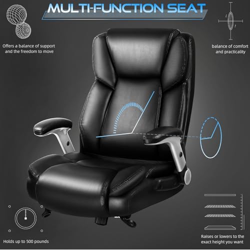 VITESSE 600lbs Large Heavy Duty Office Chair with Flip up Armrest, Big and Tall Office Chair with Ergonomic Lumbar Support, Leather Office Chair for Heavy People with Quiet Rubber Wheel (Black)
