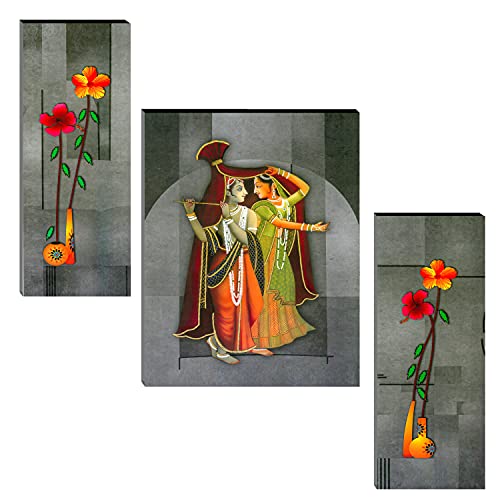 Image of Indianara Set of 3 Radha Krishna MDF Art Painting (0933FL) without glass 4.5 X 12, 9 X 12, 4.5 X 12 INCH