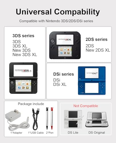 Image of 3DS Charger Kit, 3DS Stylus Pen and USB Charging Cable Compatible with Nintendo 3DS / DSi / 2DS / New 3DS 100-240V Wall Plug Adapter