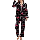 QJDFLL Bequemer, lässiger Schlafanzug mit Blumenmuster, Langarmshirt und Hose – komfortable Nachtwäsche für Zuhause(Schwarz,XXL)