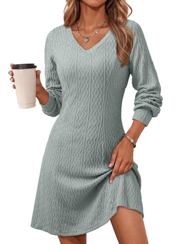 Image of Dokotoo Dresses for Women Trendy V Neck Knit A Line Long Sleeve Dress Sweater Dress
