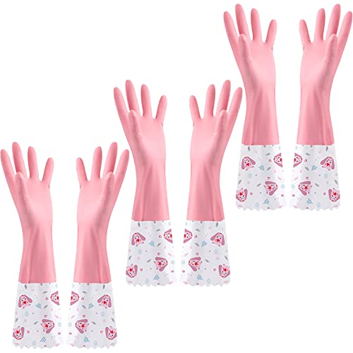 BAMFY Lange Manschette Putzhandschuhe 3 Paare Gummihandschuhe, Haushalt Reinigungshandschuhe rutschfest Haushaltshandschuhe Gartenarbeit, Tierpflege (Color : Pink)