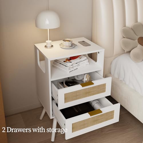 Image of JOONEE Rattan Nightstand,Farmhouse Bedside Table with 2 Storage Drawer and Open Wood Shelf, for Bedroom and Small Spaces,Night Stand with Solid Wood Legs (White)