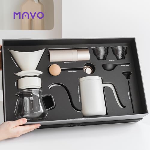Image of MAVO Pour Over Coffee Maker Set, 12 in 1 Set Box, Manual Coffee Grinder, Pour Over Kettle, Ceramic Pour Over Dripper with Tray, Glass Servers, Coffee Cup, Paper Coffee Filter, White