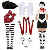 Vbxvsa 6 Stück Pantomime Kostüm Damen Komplett-Set, Harlekin Zirkus Outfit mit Hosenträger, Halstuch, Socken, Handschuhe, Tattoo und Baskenmütze für Karneval & Halloween