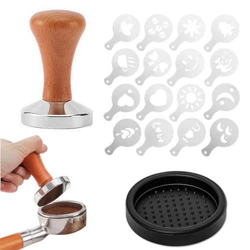 SHAPEPOTY Prensa Café, Incluye Un Mortero, Una Almohadilla Impermeable Y Un Juego Plantillas En Aerosol Para Espuma Leche, Prensa 51 Mm, Cafeterías Y Amantes Del Café