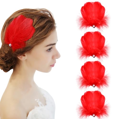 MWOOT 4 Pièces Rouge Plume Pinces à Cheveux Rouge Plume Coiffe Accessoires pour Cheveux Pour Femmes Filles, Perle Postiche Pour Carnaval Costume, Mariée...