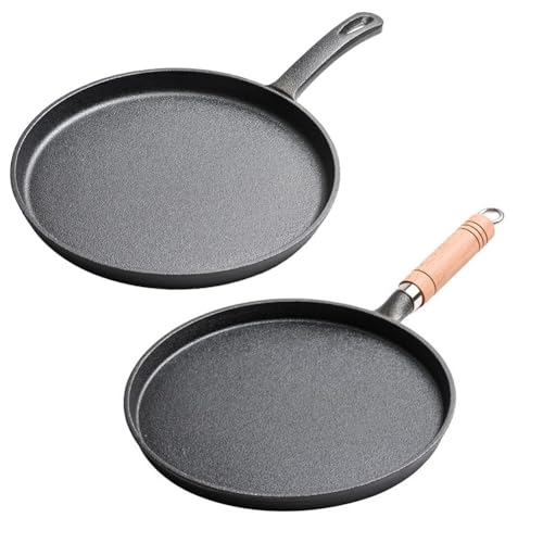 Hoppipola Sartén gruesa de hierro fundido de 26 cm para sartén plana para crepes de inducción, cocina eléctrica de gas y mango de madera