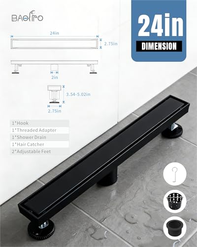 Image of 24 Inch Matte Black Linear Shower Drain | CUPC Certified 2-in-1 Tile Insert for Curbless Showers. 304 Steel, 15.8GPM Flow. Includes Hair Catcher & Adjustable Feet.