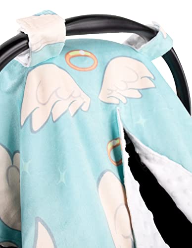 Image of Top Tots Deluxe Minky Baby Car Seat Cover - Angel Wings, 40 x 29 Inch White