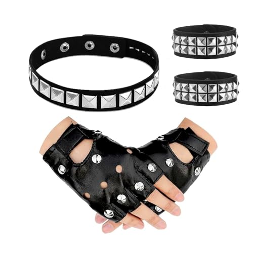 Lot de 4 accessoires de costume de rockeur punk avec bracelet à rivets et gants et collier gothique noir pour carnaval et fête à thème