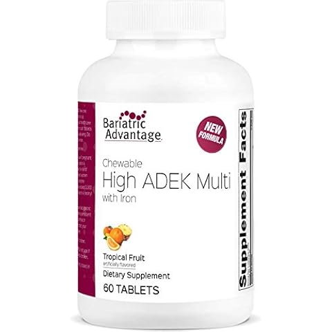 Bariatric Advantage Chewable High ADEK with Iron - for Bariatric Patients - High Potency Vitamin A, D, E & K - Includes B-Vitamins - Chewable Multivitamins - Tropical Fruit - 60 Tablets Cover