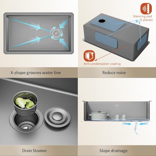 Image of 32 Inch Undermount Kitchen Sink, 304 Stainless Steel with Nano Coating, Single Bowl, Modern Design for Workstation, RV, Prep Kitchen & Bar, Drain Assembly Included, 32x19 Inch (Silver)