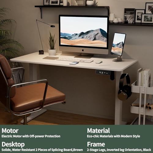 TIQLAB Electric Standing Desk, Adjustable Height Stand up Desk, 55 * 28 Inches Sit Stand Home Office Table with Splice Board, White