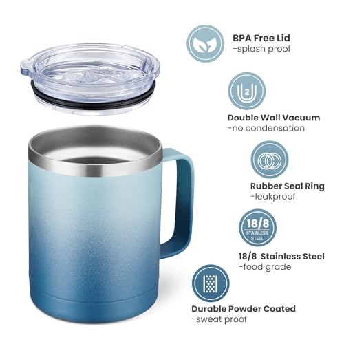 Image of MEWAY 12oz Coffee Mug With Handle 2 Pack Bulk,Stainless Steel Insulated Travel Tumblers With Sliding Lid,Double Wall Vacuum Camping Cup for Hot & Cold Drinks Tea (Bubble Gum&Blue Waves,Set of 2)