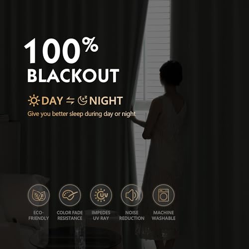 Image of FMFUNCTEX 100% Blackout Curtains for Bedroom, Green Curtains 63 Inches Long Textured Thermal Insulated Curtains for Living Room Drapes, Black Out Drapery Grommet Room Darkening 2 Panels, 40 inch W x 84 inch L