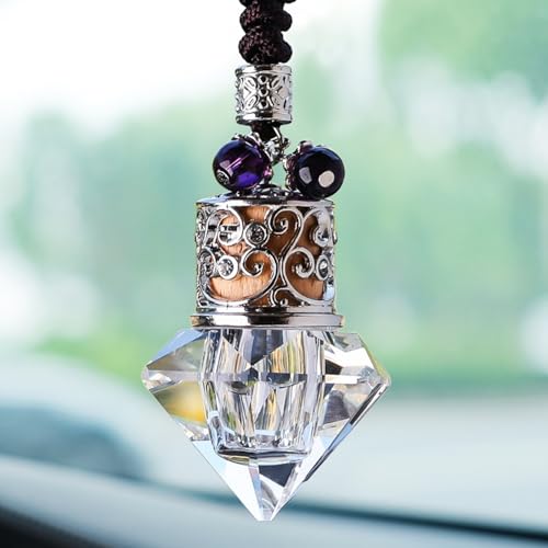 Car Air Freshener Diffuser Hanging Ornament, Diamond-Shaped Empty Crystal Bottle Car Mirror Hanging Accessories, Elegant Bottle Pendant with Wooden Caps Rear View Mirror Accessories