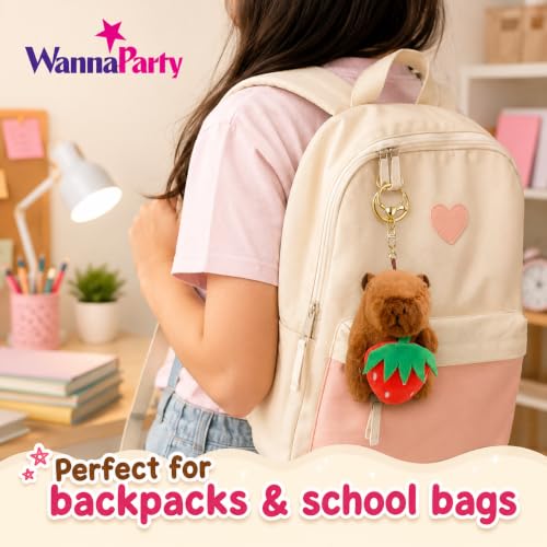 Image of Wanna Party Cute Capybara Plush Keychain with Strawberry, Soft Stuffed Toy Bag Charm with Metal Key Ring