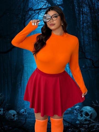 Image of 5Pcs Womens Costume Orange Long Sleeve Crop Top,Red Short Skirt,Stockings,Magnifier,Glasses Frames for Halloween