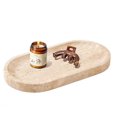 Natural Oval Beige Marble Tray 11.8 x 5.9inches, Travertine Stone Tray Bathroom Vanity Tray Catchall Tray for Jewelry Perfume Candle, Large Decorative Tray for Nightstand/Bedroom/Counter/Home Decor