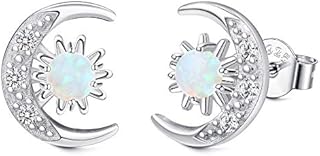 Adramata 925 Sterling Silver Opal Stud Earrings 18K Gold Plated Cubic Zirconia Crescent Moon Star Earrings Studs for Women