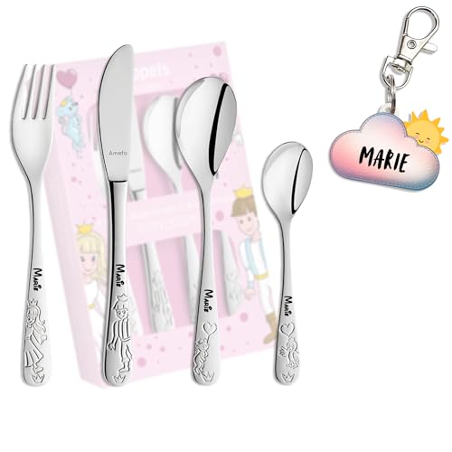 KIDDI-MEDIA Couverts Enfant avec prénom gravé/Motif Princesse / 4 pièces (gravées du prénom) / en Acier Inoxydable/Gravure en Police de caractères Moderne