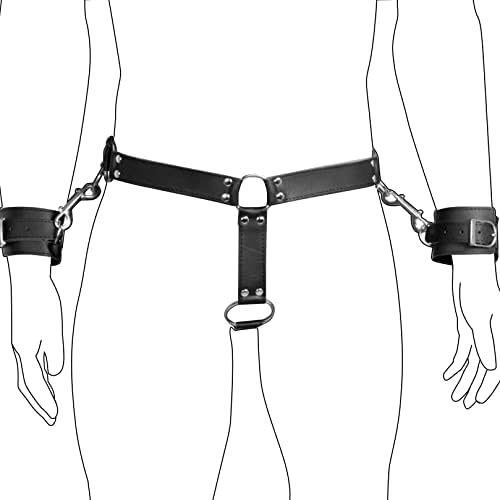PIIKNUO Men's Leather Chastity Belt Erotic Men's Gay Chastity Belt with Handcuffs and Metal Ring Belt Fetish Chastity Slaves Sex Toy for Couples, black