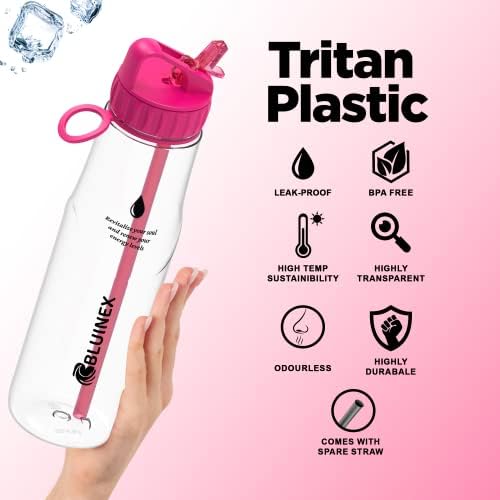 BLUINEX Rose Pink 1L water Bottle with Straw, BPA Free Sports Bottle with Time Markings, Leakproof Water Bottles for Men & Women, Motivational Water Bottles perfect for Gym, Office, Cycling & Jogging