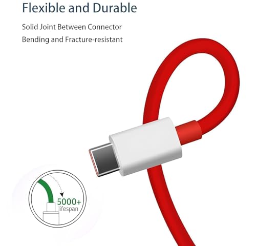 Image of One Plus compatible 100W Fast Charging Cable USB to Type C For One Plus 13 12 11 10 9 8 Series, Nord 4 /3 /2, CE 4 /3 /2 Lite | Red SuperVOOC Data Cable | Supports Warp, Flash Charge 1 Meter (Pack of 1)