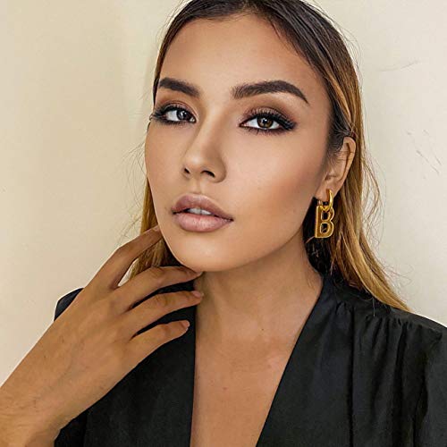 Initial Letter B Dangle Hoop Earrings For Women Girls Minimalist Punk Alphabet Chunky Thick Huggie Hoops Dangling Charm Personalized 18K Gold Plated Unique Jewelry Gitfs Hypoallergenic (Yellow Gold) #TOP3