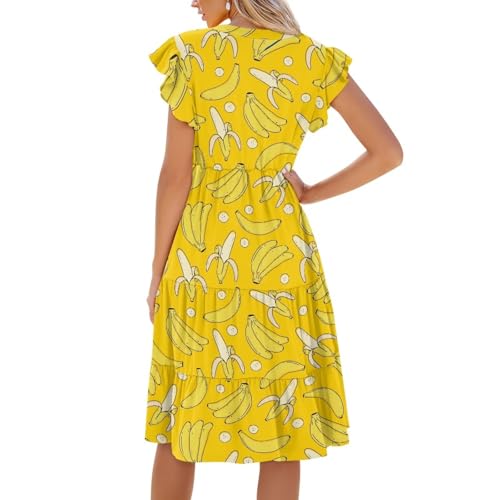Image of Women's Casual Ruffle Sleeve Dress V Neck Pullover Dress Flowy A-Line Pleated Lightweight Dress with Pockets