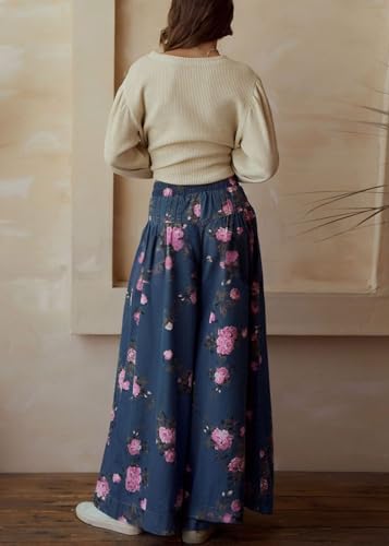 yoeasy Womens Casual Wide Leg Jeans Elastic Drawstring Boho Floral Pleated Denim Pants Y2k Baggy Boyfriend Jeans4