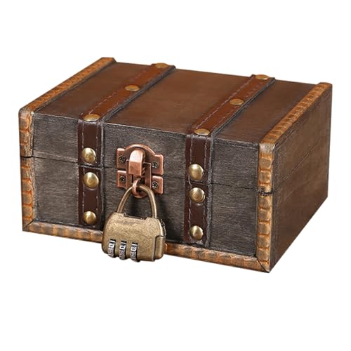 XPJBKC Cofre Pirata, Baul Madera Vintage con Cerradura de Combinación, Caja de Madera para Almacenamiento y Decoración, 15 x 12 x 7,5 cm