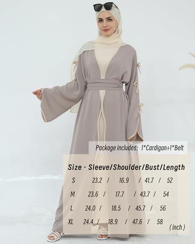 Elegant Flowy Muslim Cardigan Robe with Bow Accents Front Wave Design Abaya for Women Open Front Abaya with Belt3
