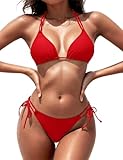 Zuvebamyo Women's Triangle Bikini Sets Two Piece Double Straps Halter Swimsuit Tie Side String Cheeky Bathing Suits Red S