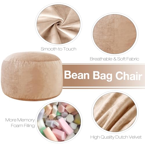 Image of 3 ft Bean Bag Chair,Large Bean Bag Chairs for Adults,3 Foot,Camel | Memory Foam Filling,Bean Bag Sofa for Living Room,Ultra Soft Velvet Fabric,Pull-Handle,Side-Pocket