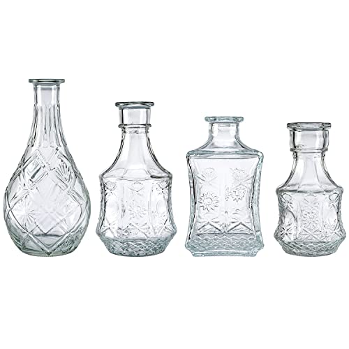 Mygift Set Of 4 Assorted Vintage Embossed Bud Vase Decorative Glass Bottle, Small Essential Oil Diffuser Bottles #TOP5
