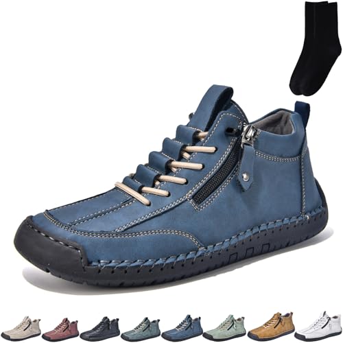 Men's Casual Leather Handmade Slip-On Driving Boots with Side Zipper, Men's Lightweight Loafers Comfortable Flat Non-Slip Driving Shoes, Outdoor Mid Top Leather Ankle Boots