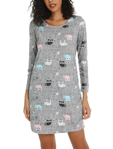 ENJOYNIGHT Camisón de manga larga para mujer, camiseta de dormir de algodón con estampado, Búho gris, L